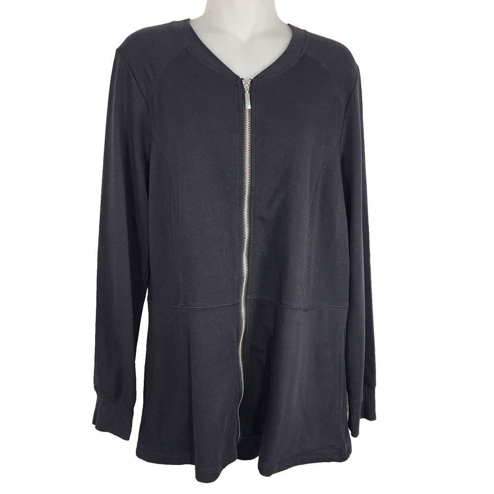 Denim & Co Womens French Terry Zip Front Hi Low Hem Knit Jacket Black M A299111